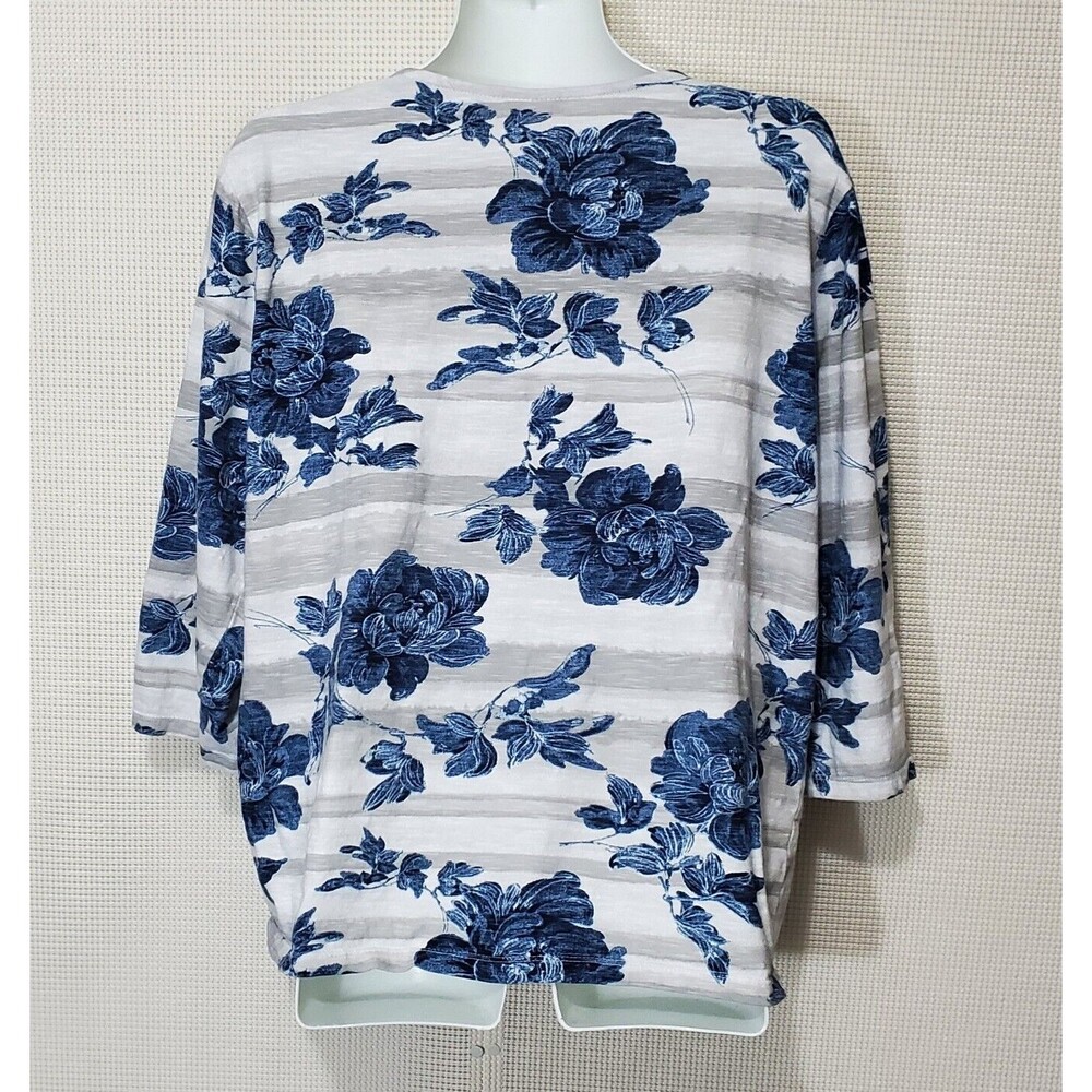 Chicos Top Womens 3  Extra Large White Knit Striped Floral Pullover 3/4 Sleeve - Picture 4 of 9
